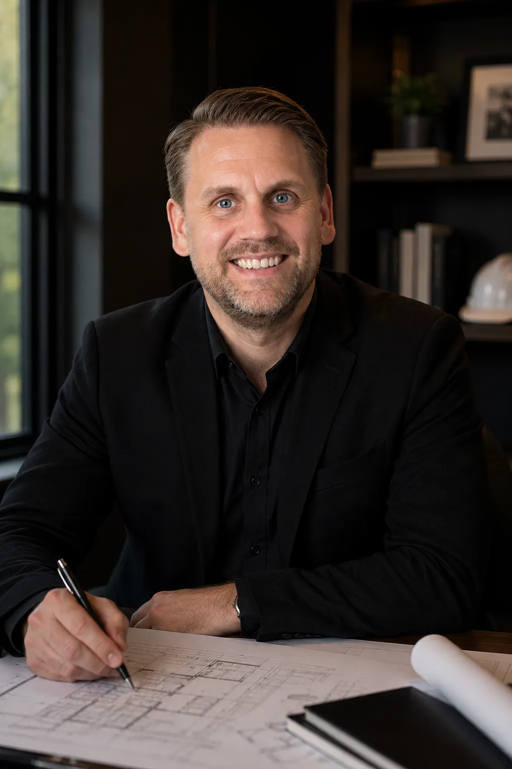 Joel Weimer, founder and construction advisor, reviewing building plans