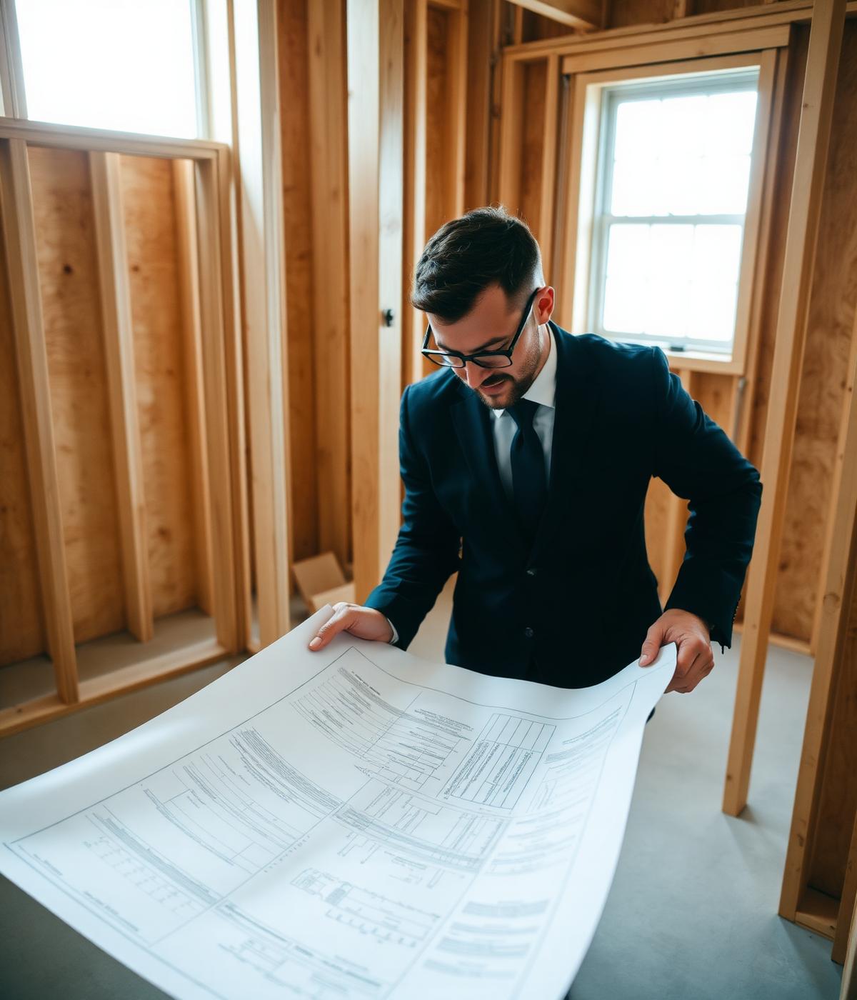Construction advisor reviewing blueprints on site